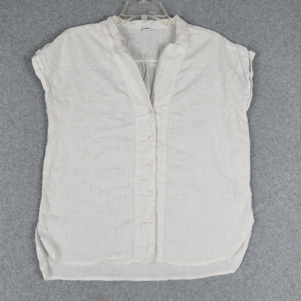 Old Navy Shirt Top Womens‎ Medium White Palm Tree Embroidered Coastal Button Up